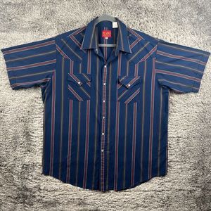 Vintage Plains Button Up Shirt XL Blue Striped Pearl Snap Western